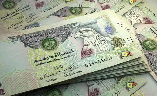 Money of United Arab Emirates. United Arab Emirates dirham bills. AED banknotes. 500 dirhams. Business, finance, news background.