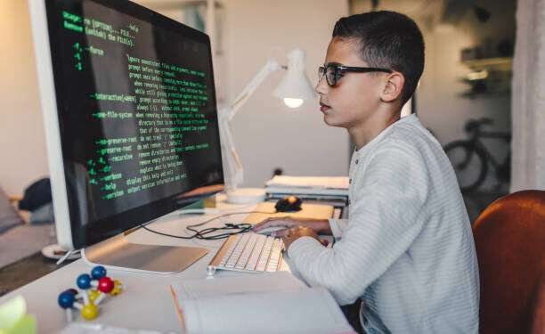 Pre-adolescent boy programming at computer