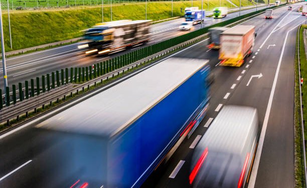 Trucks on six lane controlled-access highway in Poland.